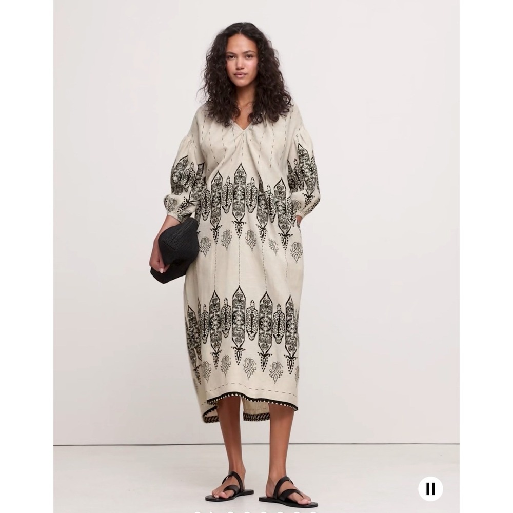 Banana Republic Linen Kaftan Midi Dress XL Black Moroccan Print V Neck Boho Chic